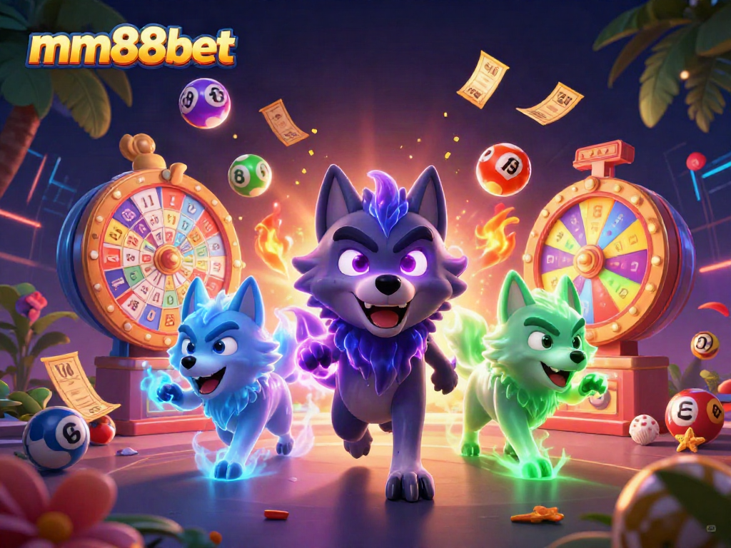 Engage in thrilling mm88bet gaming action with vibrant lottery elements and ghostly wolves illustrating excitement.