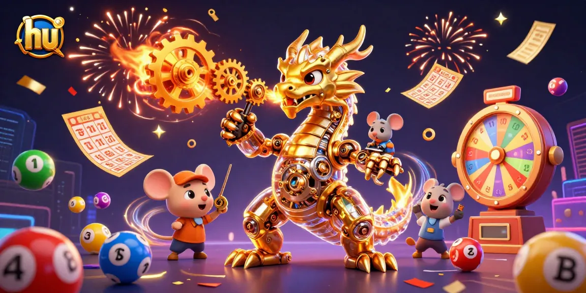 Tham gia hu với rồng vàng cơ khí trong không gian sôi động của trò chơi xổ số.