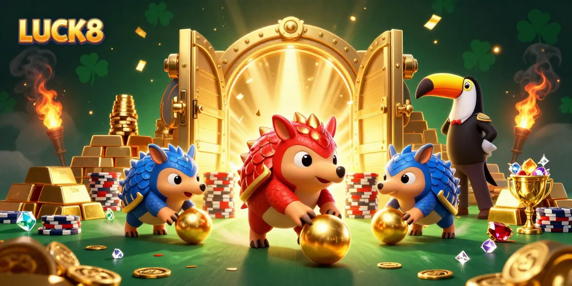 LUCK8 revolutionizes gaming as pangolins roll through poker chips in this vibrant 3D casino scene.