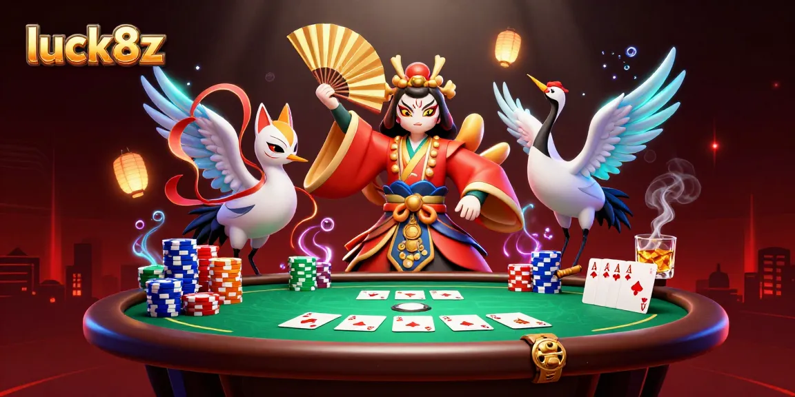 Experience luck8z at this vibrant casino scene featuring a kabuki warrior and poker elements.