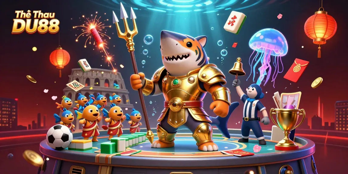 Experience sports excitement with Thể Thao DU88 in this vibrant underwater casino illustration.