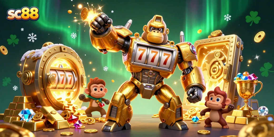 Unleash epic wins at sc88 with a golden gorilla mech surrounded by treasures and excitement.