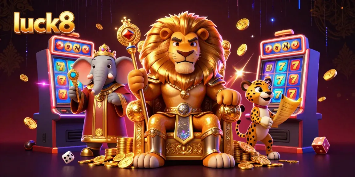 Play thrilling games at luck8 with a dynamic casino scene featuring a royal lion and vibrant slot machines.