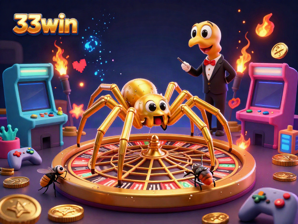 Engage with 33win in this vibrant 3D casino scene featuring a golden spider and a centipede croupier.