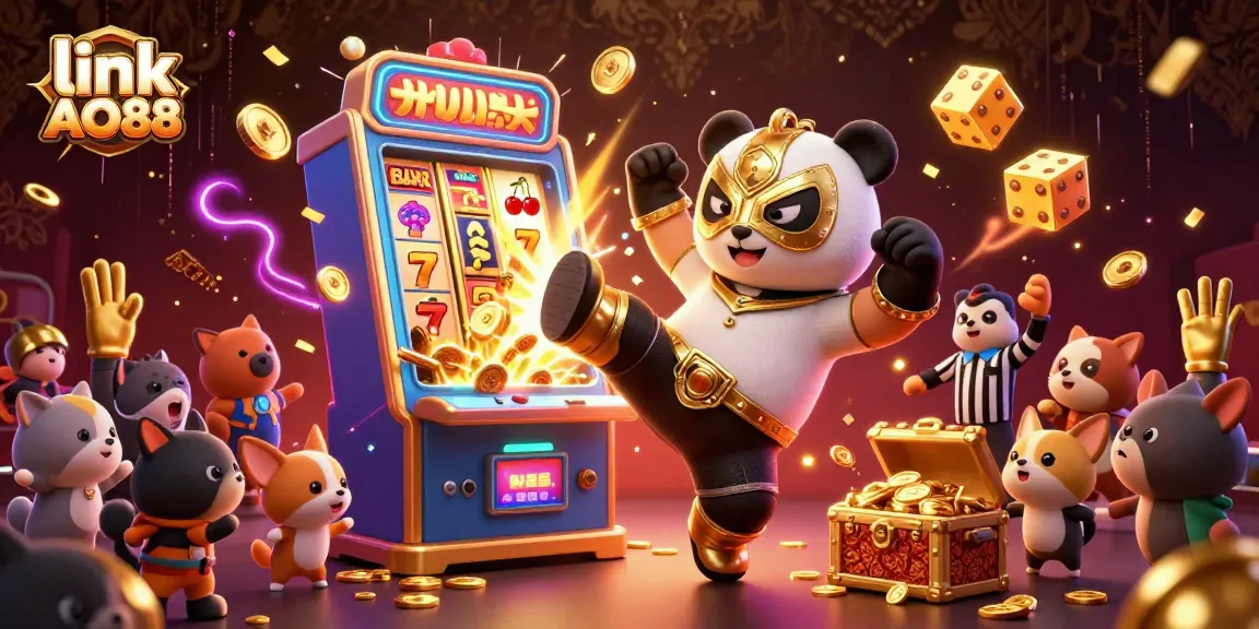 Witness the excitement of link AO88 as a panda wrestler performs a flying kick amidst jackpot chaos.